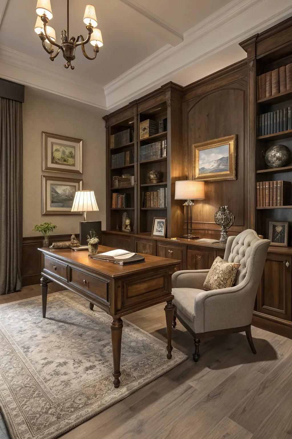 Light gray walnut flooring adds sophistication to this classic study.