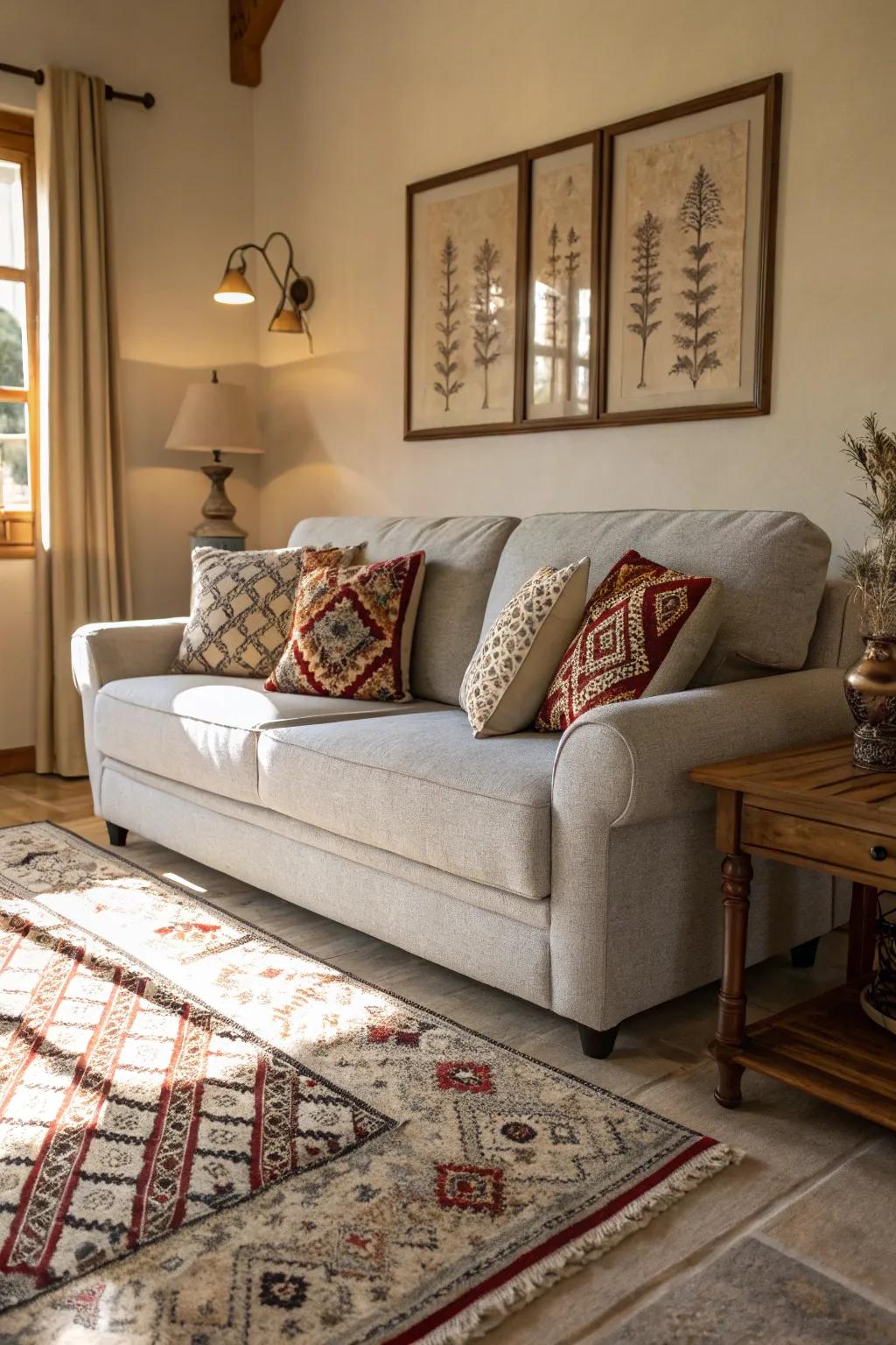 Graphic elements imbue character and depth into a scenario built around a light grey couch.