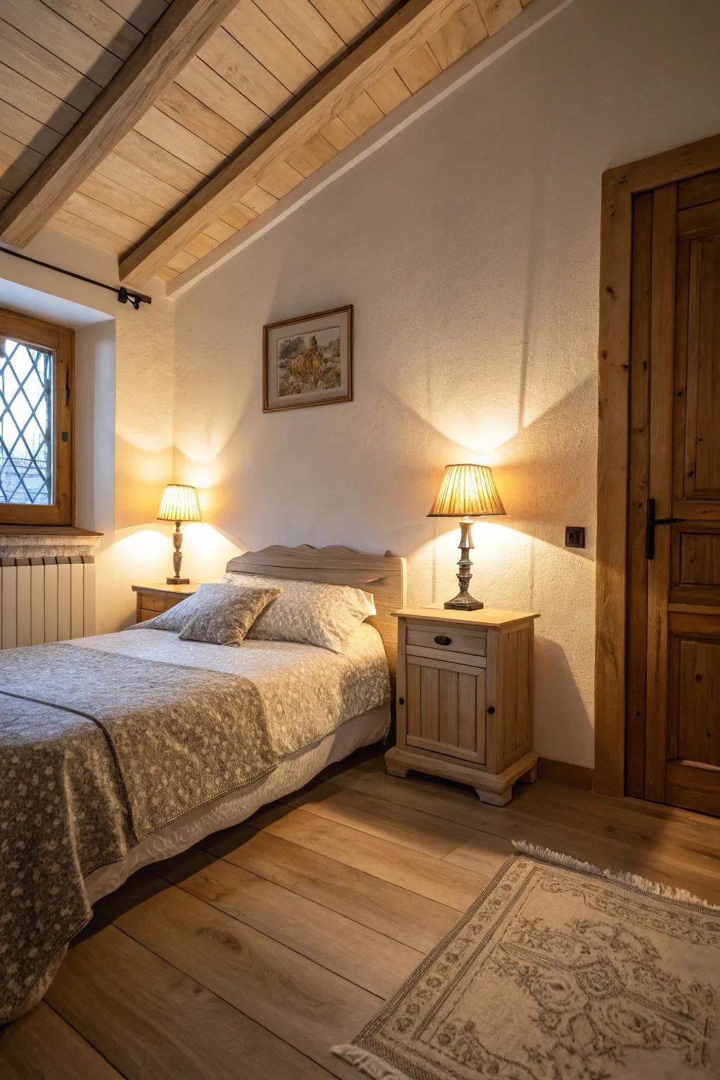 Soft ambient lighting amplifying the coziness within a light wood floor bedroom.