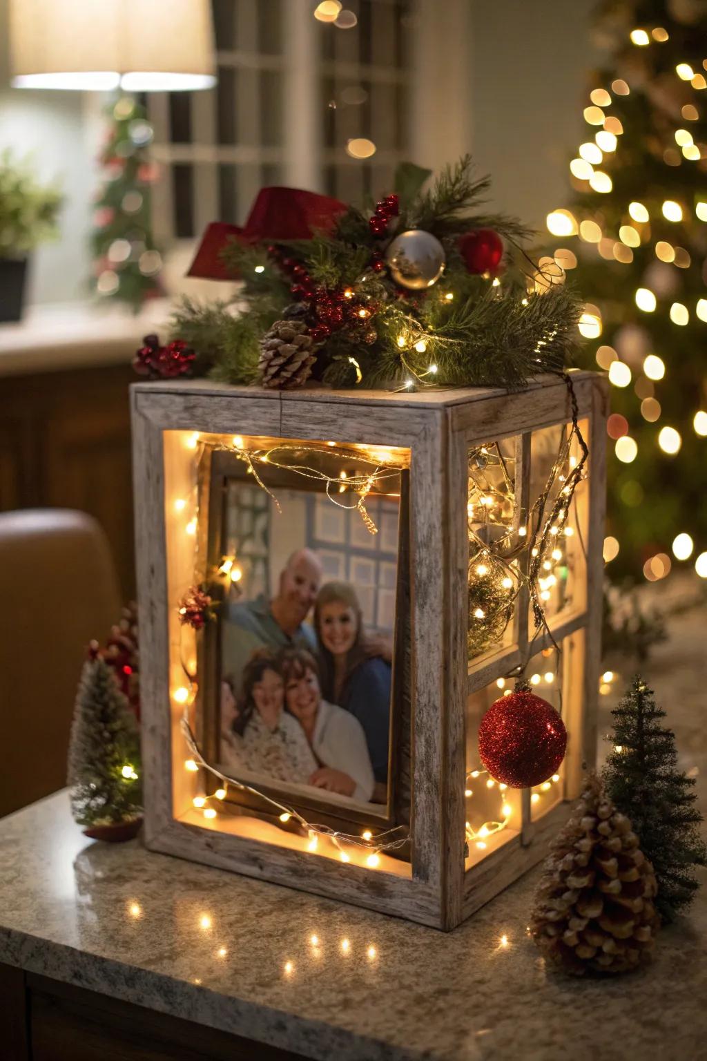 A personalized kindred photograph Christmas display receptacle