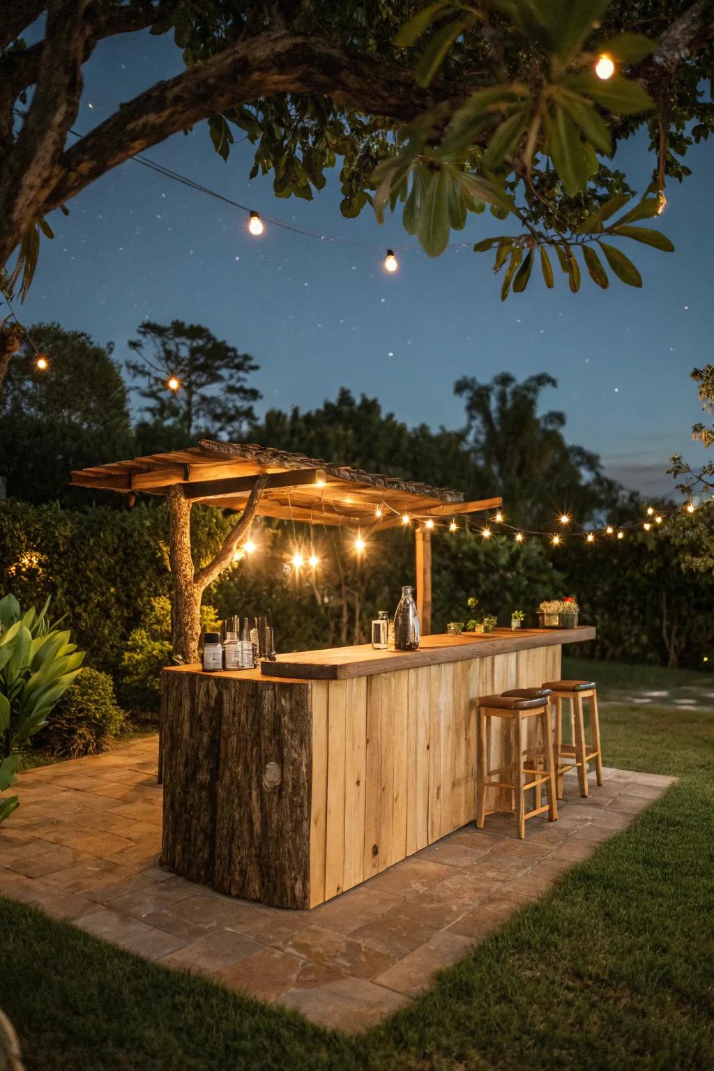 A natural-edge bar in a backyard patio, creating an inviting outdoor escape.