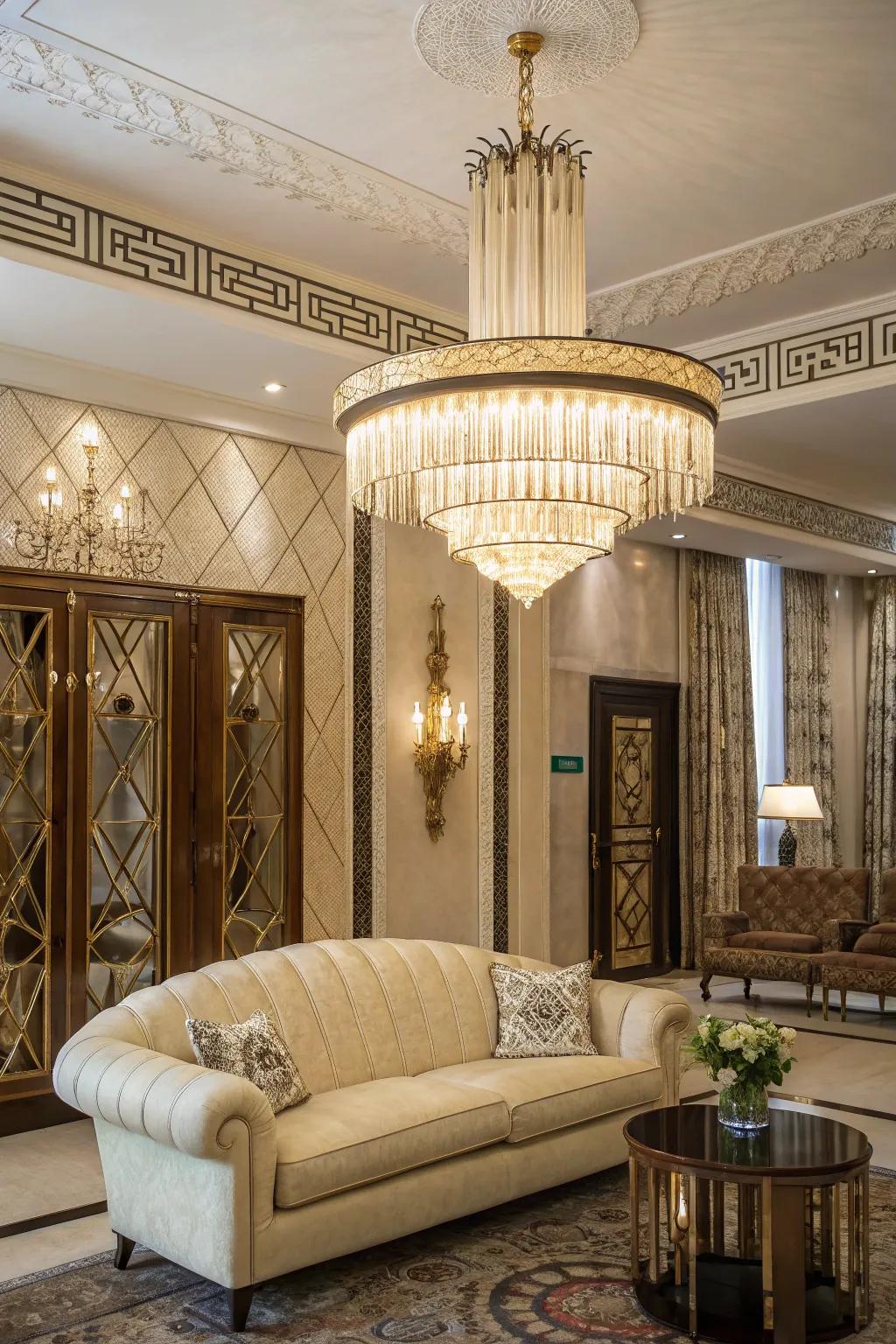 A living room displays an Art Deco chandelier marked by its complex designs.