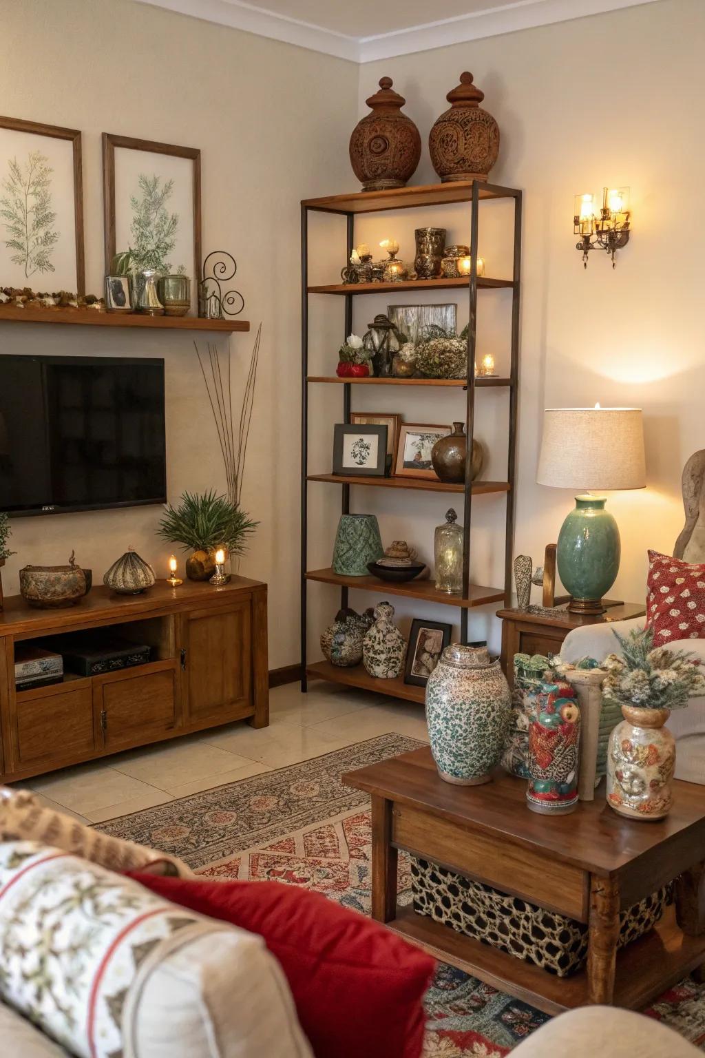Mixing and coordinating ornaments throughout the area brings festive depth.