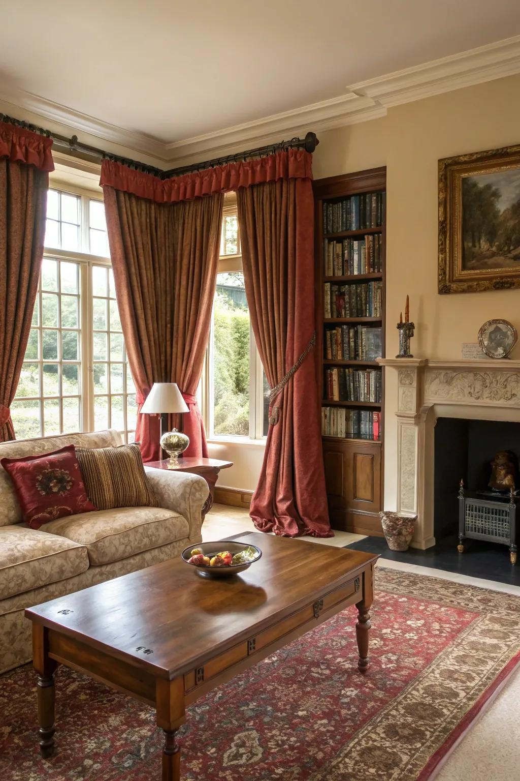 Making a cozy and charming mood in your living room with traditional window coverings.