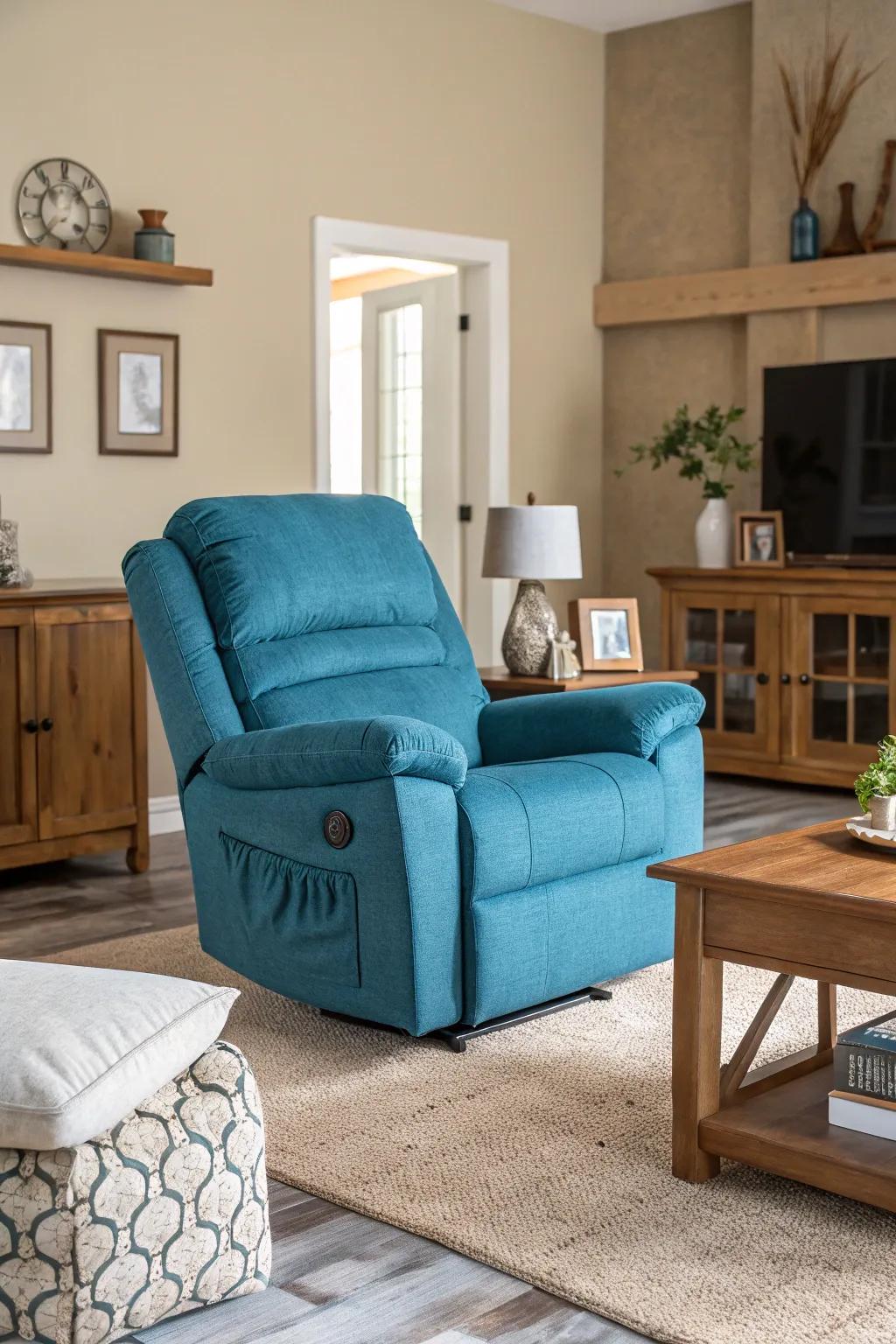 A striking recliner becomes the center of focus in this neutral family room.