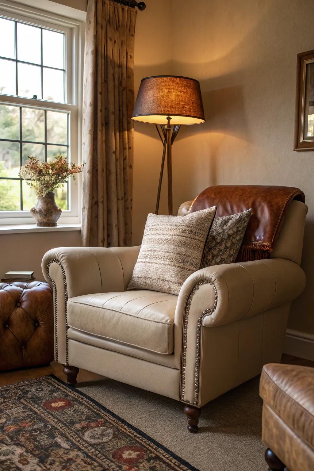 Leather accents introduce warmth and texture.