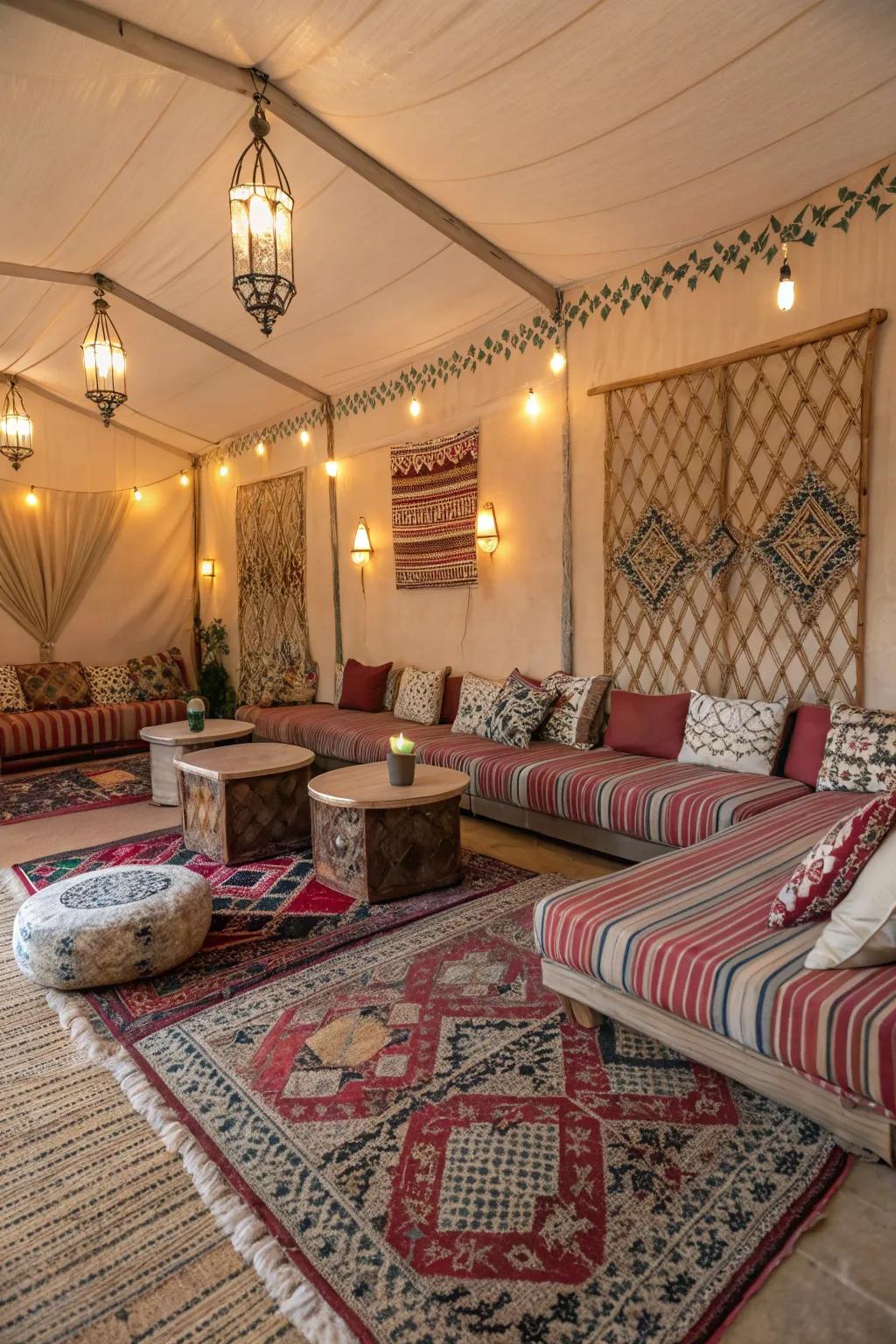 A coordinated living room benefits from the aesthetic appeal of numerous patterns.