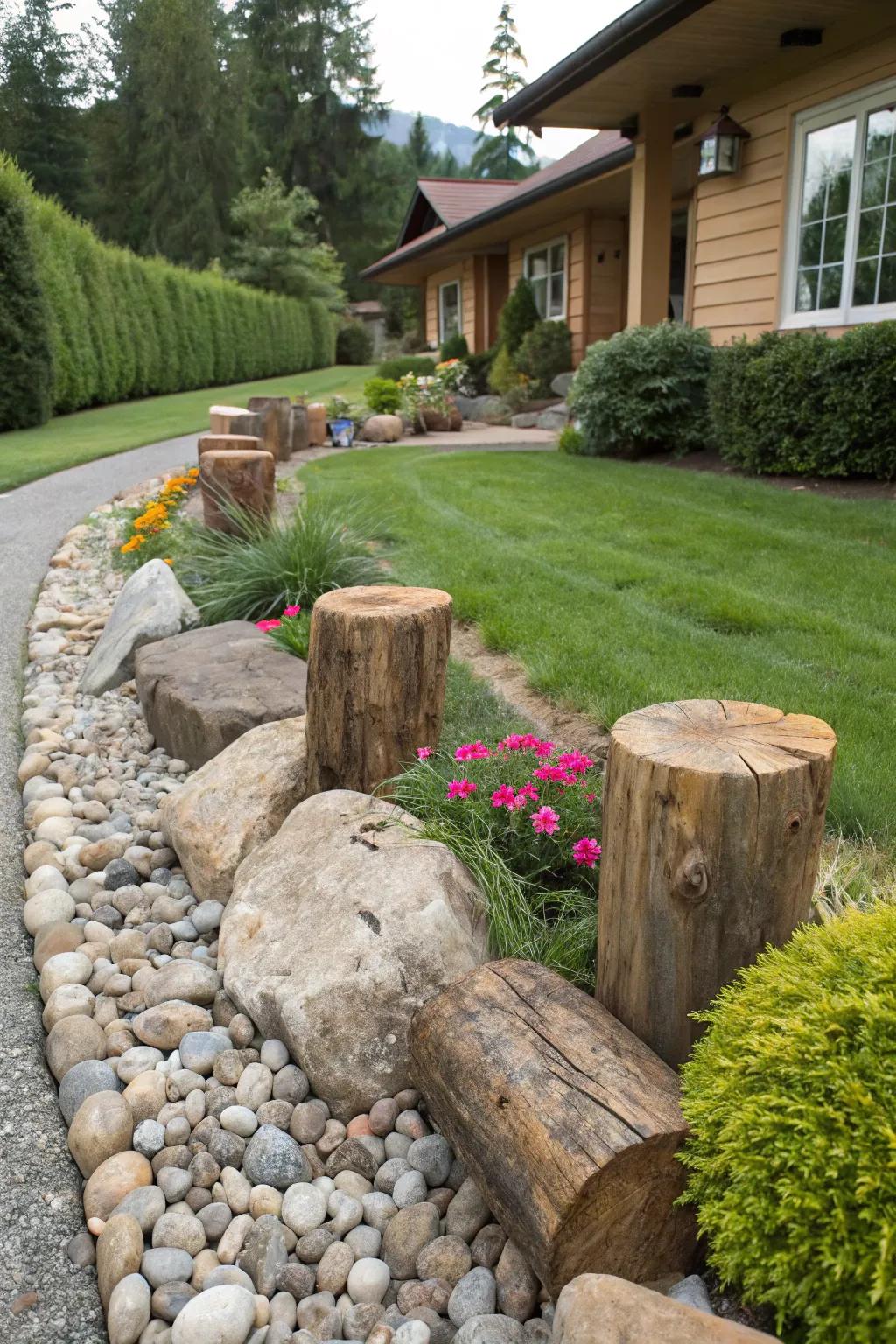 Organic wood elements paired with rocks for a rustic allure.