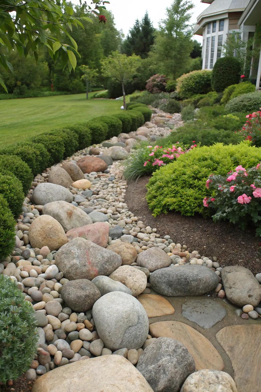 Achieve a textured landscape with a variety of pebble stone dimensions.