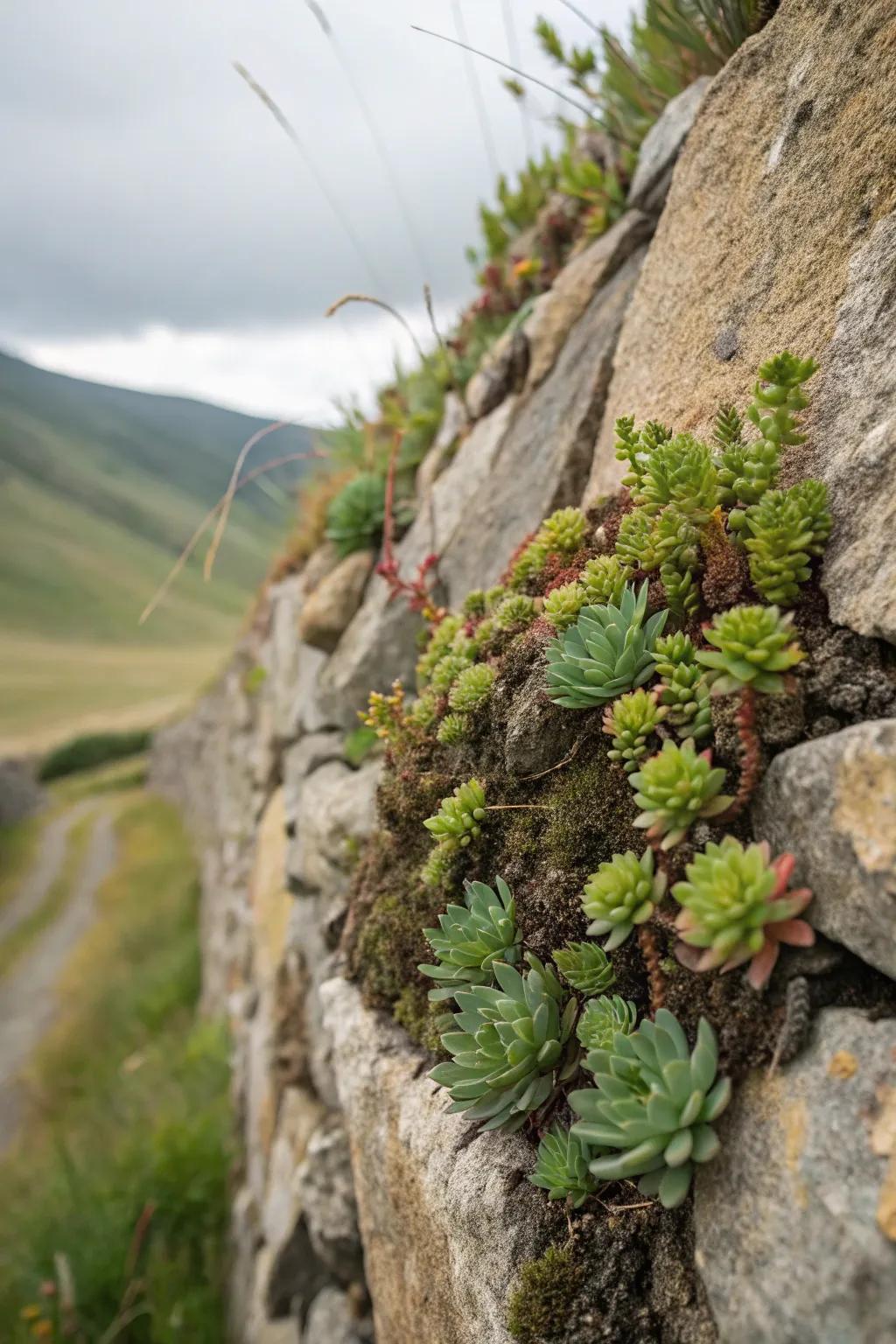 A stone wall providing a unique setting for succulents.