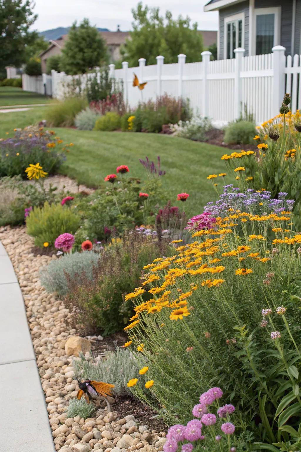 Perennial plants invite pollinators and seasonal hues into a xeriscape garden.