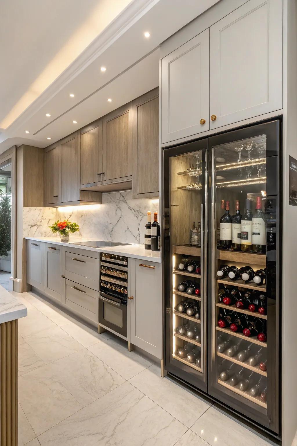 Wine storage integrated into kitchen cabinetry.