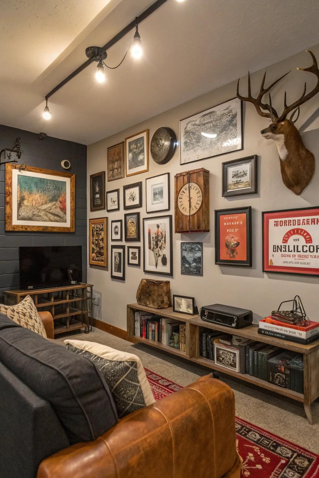 Art and décor incorporating individual characteristics within the man cave.