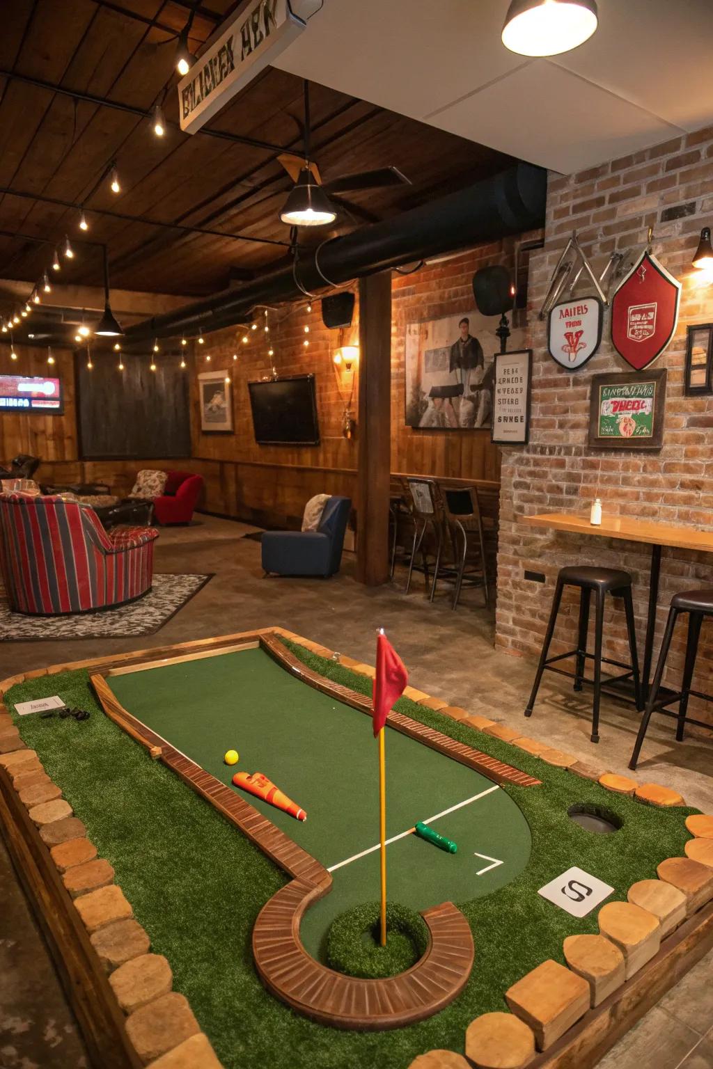 A playful mini golf corner in a man cave.