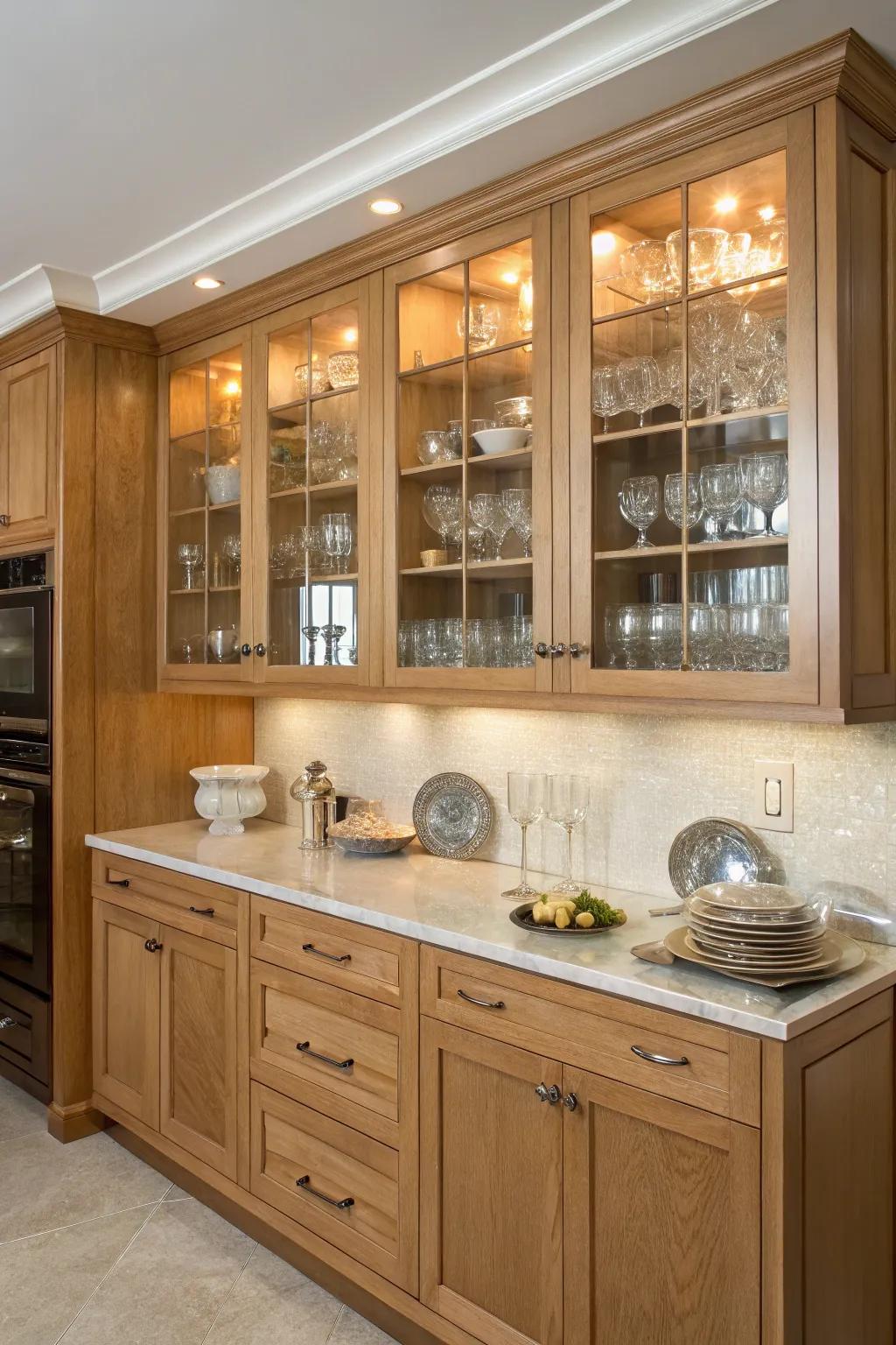 A sophisticated kitchen mixing birch with glass-front units.