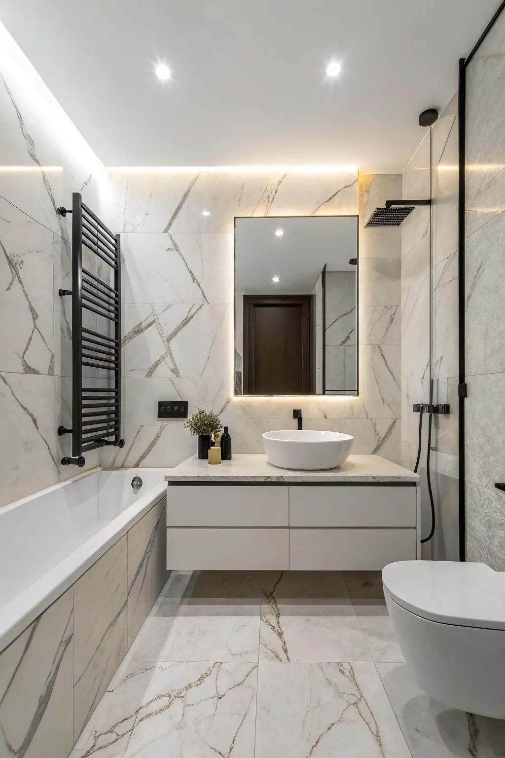 Minimalist decor adding warmth and nature to a bathroom with artificial marble stone surfaces.
