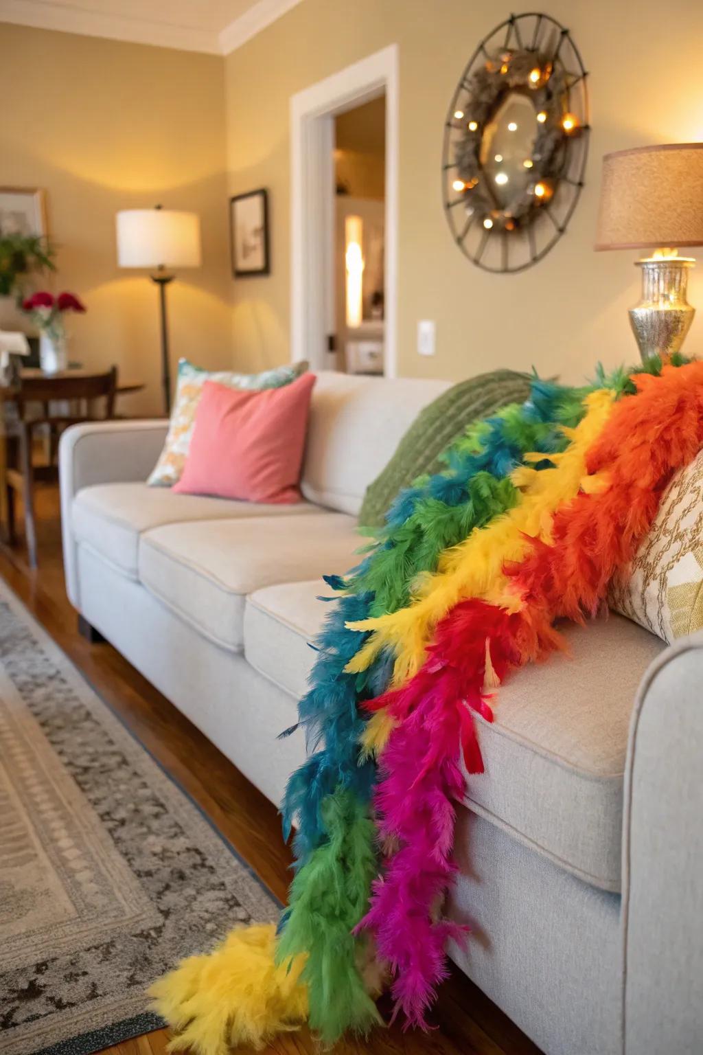 Add festive flair with colorful plume scarves.