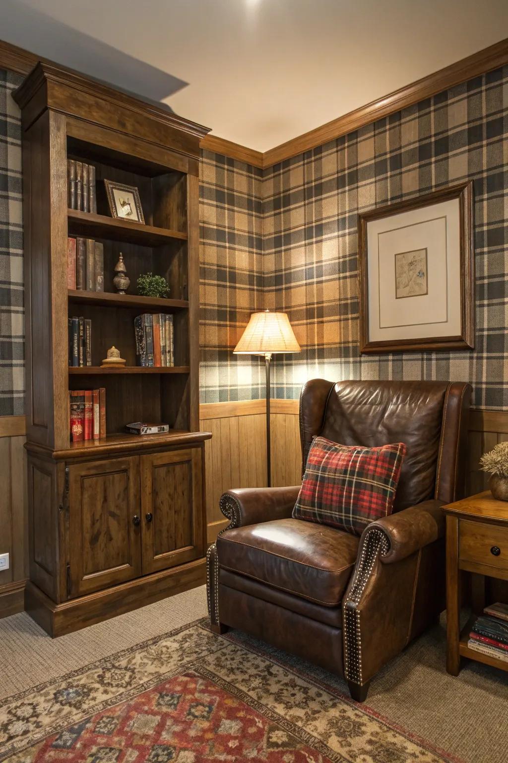 Plaid wallpaper delivers cozy, timeless charm.