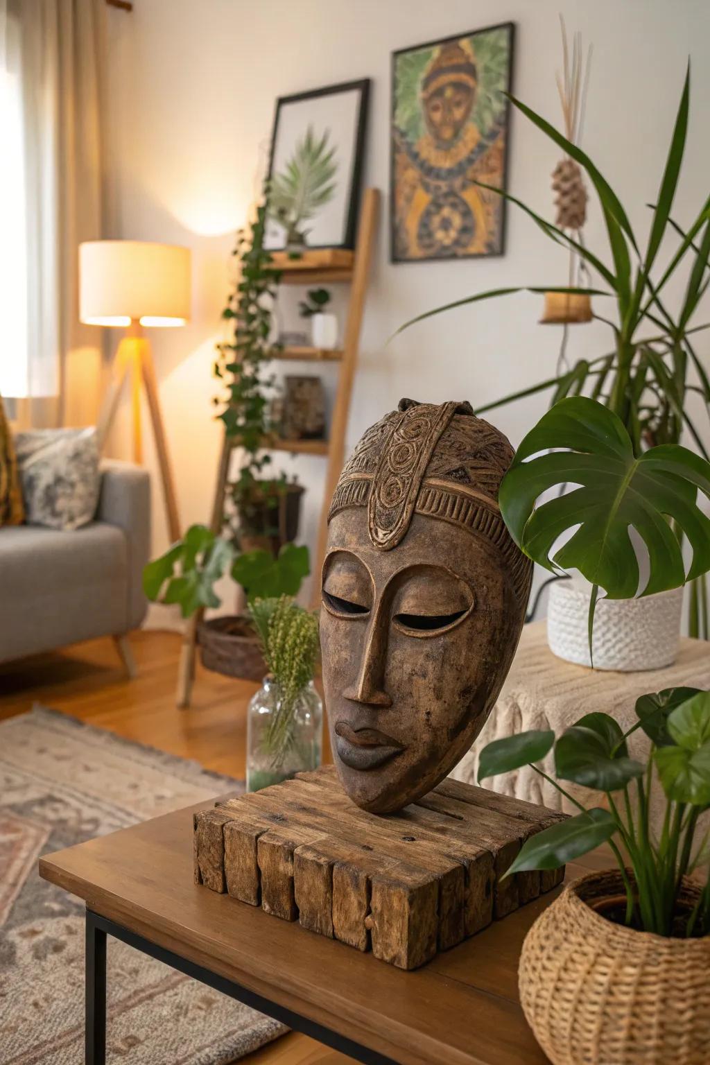 A natural mask sculpture that brings warmth to home environments.