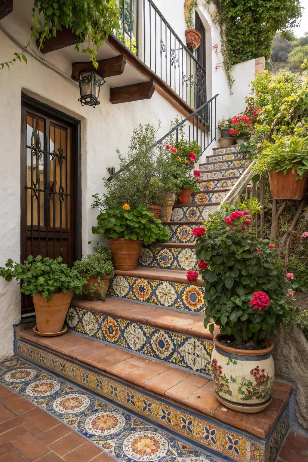 Decorative tiles and planting receptacles incorporate elegance to the staircase.