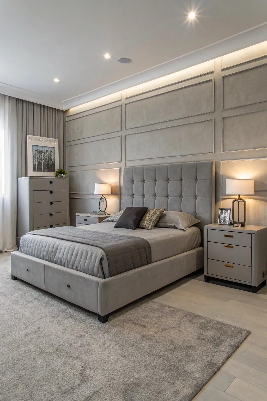 Sleek furniture enhances the minimalist appeal of the grey bedroom.