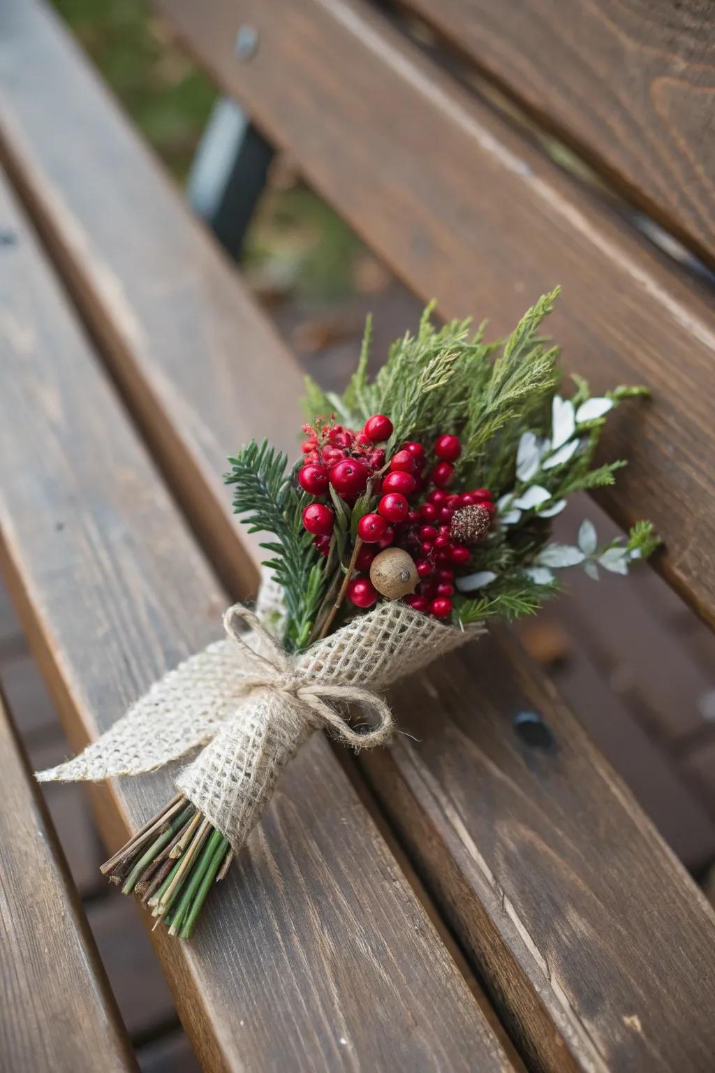 A berry and verdure boutonniere provides natural elegance.