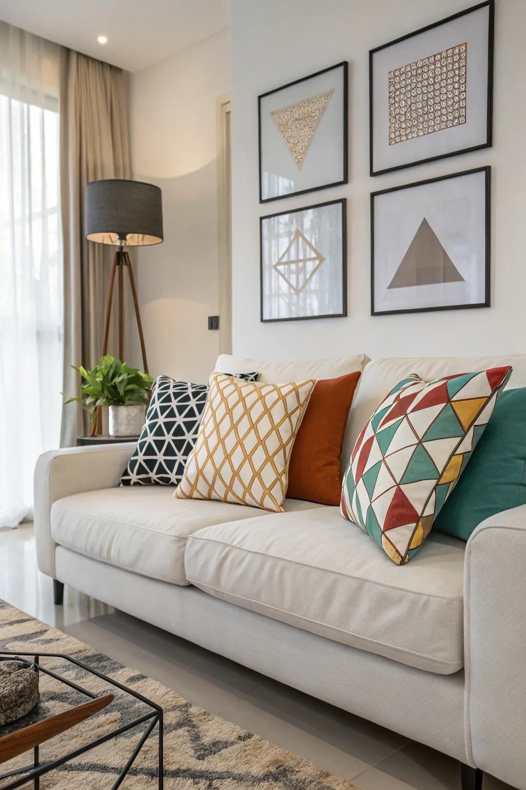 The integration of geometric patterns delivers contemporary visual intrigue.