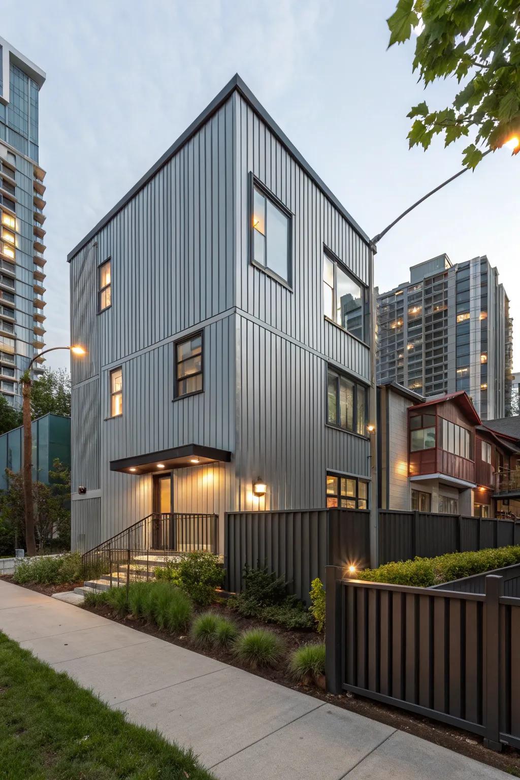 A stylish urban house featuring ribbed metal cladding for an industrial chic aesthetic.