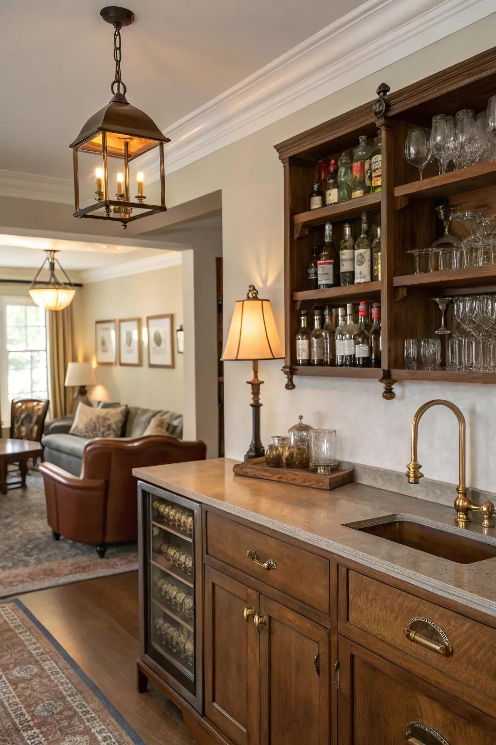 Vintage decor brings refinement and nostalgia to a home bar.