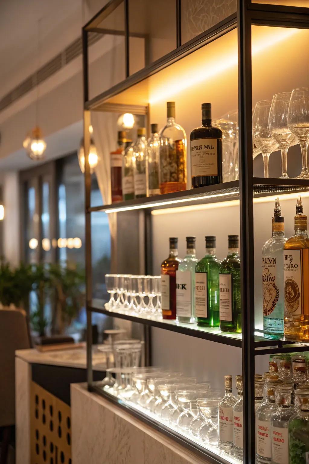 Open shelf illumination turns bottles into artistic pieces.