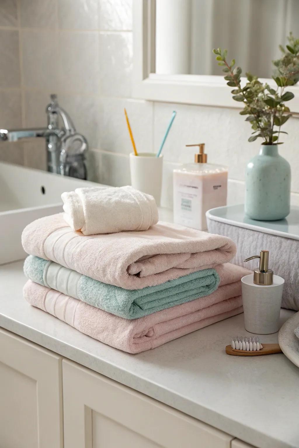 A touch of soft tones brings a cheerful vibe to the bathroom.