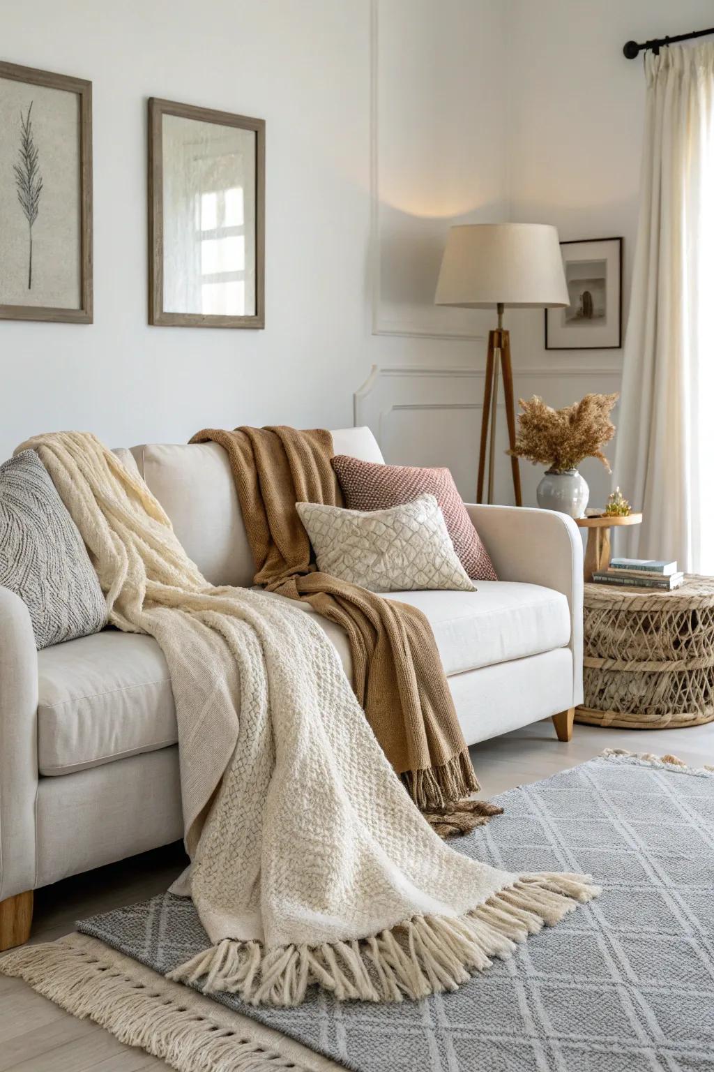 Inviting accents add warmth and comfort to minimalist living rooms.