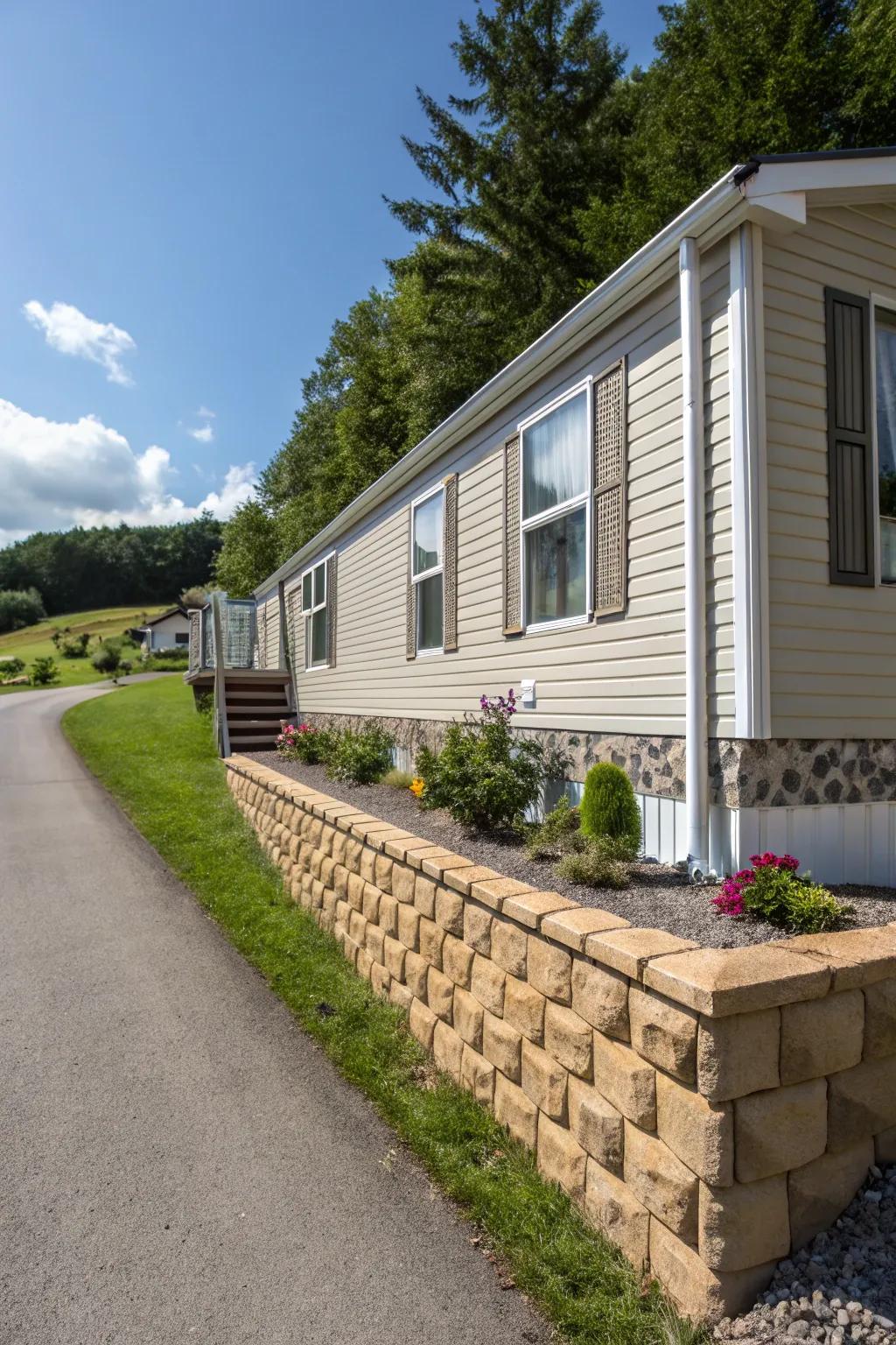 Stone-look skirting contributing a polished element to a manufactured home.