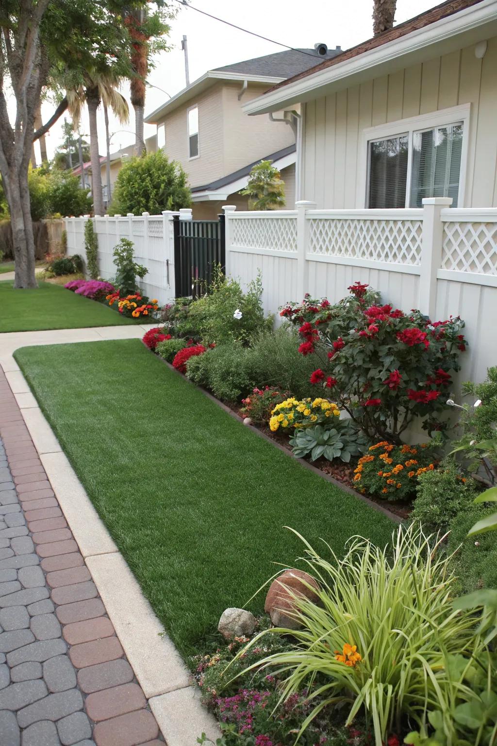 Natural plant borders enhance the artificial grass beautifully.