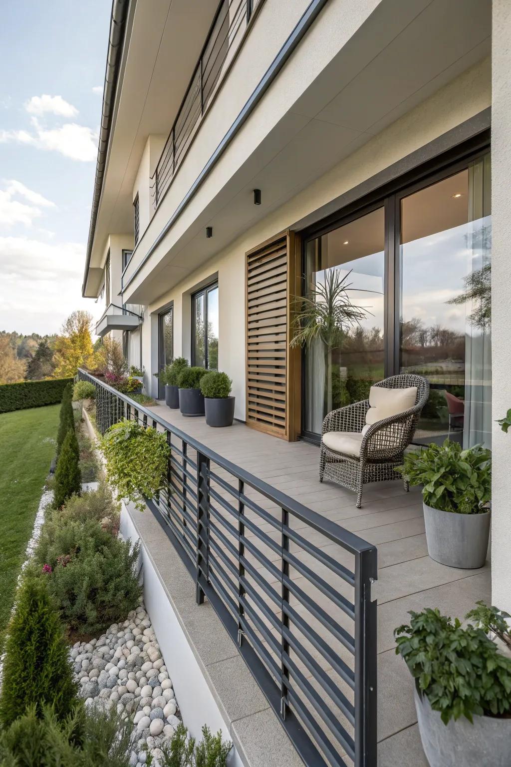 Balcony showcasing horizontal slat railing against a contemporary home facade