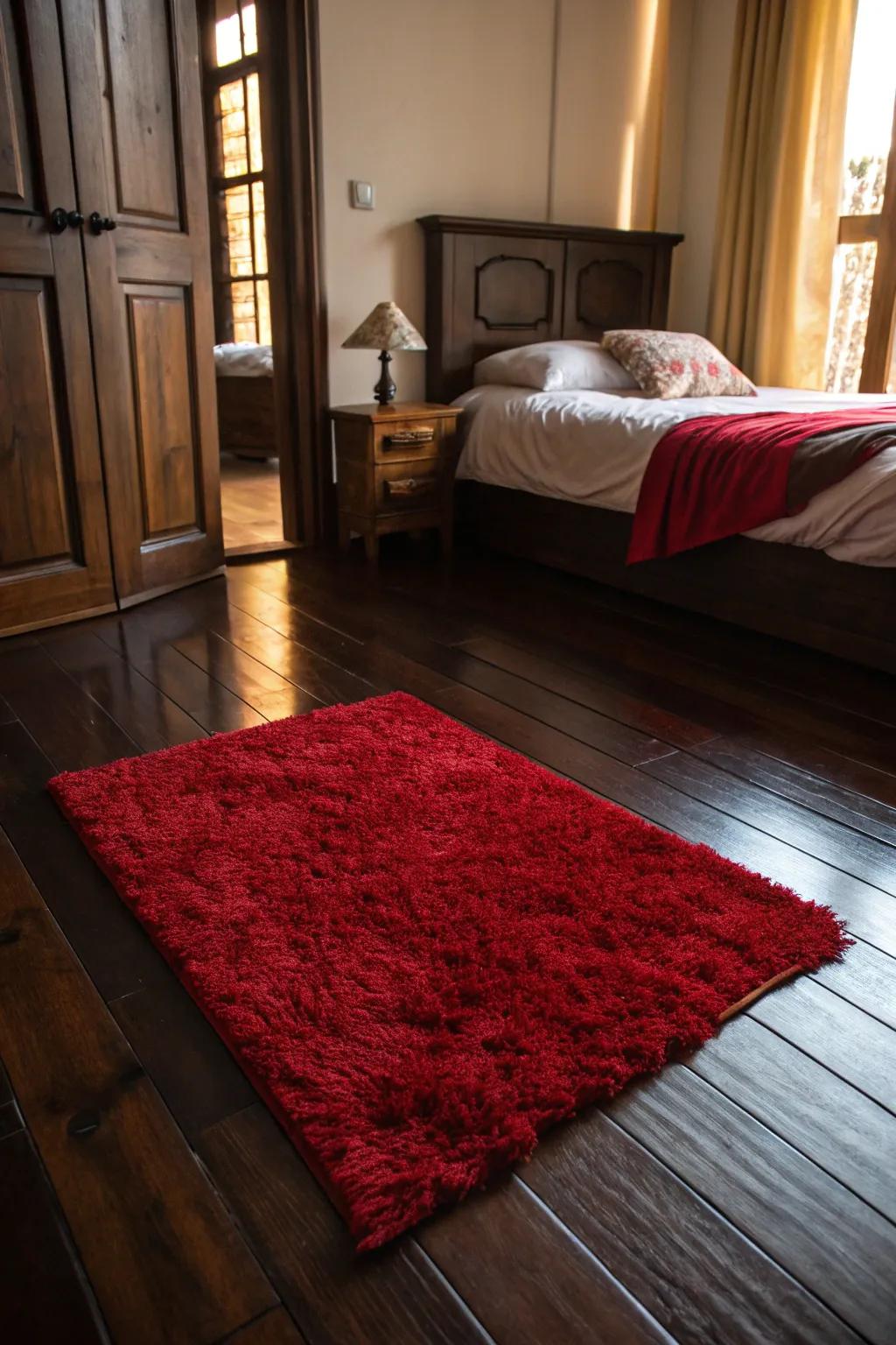A scarlet rug adds warmth and color to the flooring.