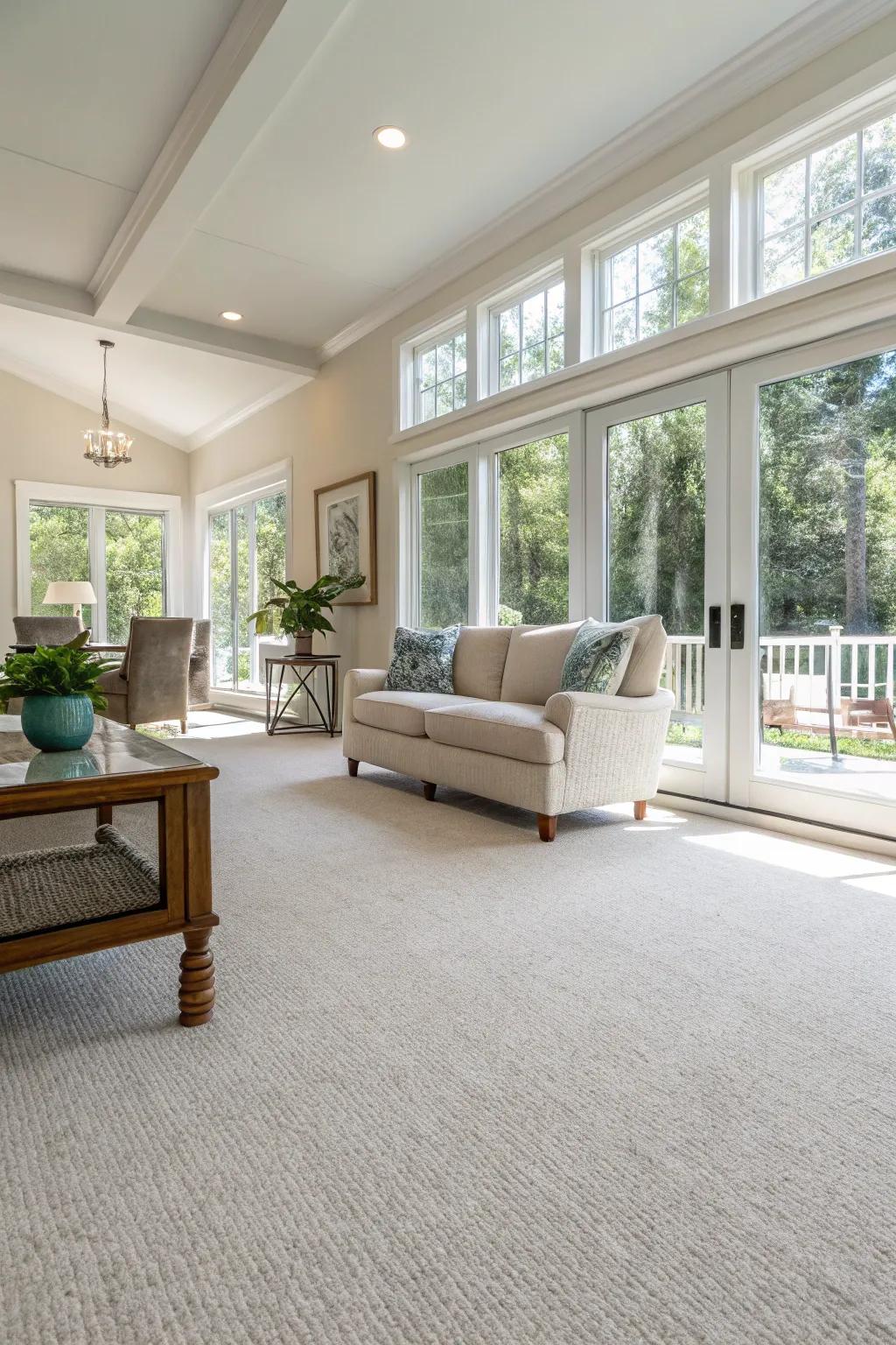 An open-concept living space featuring a light-colored floor covering to enhance the airy feel