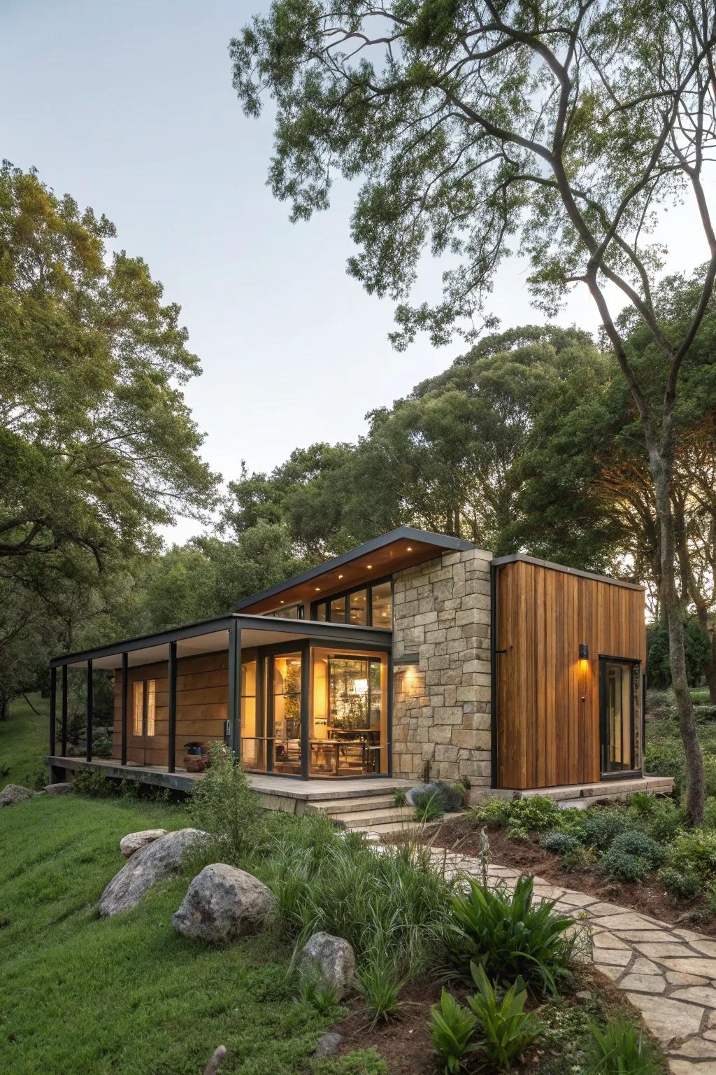A container home beautifully integrated with nature using wood and stone.