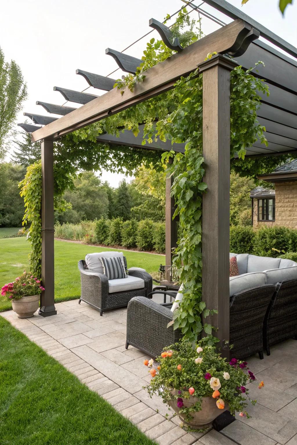 A pergola enhances structural appeal and offers fashionable shade.