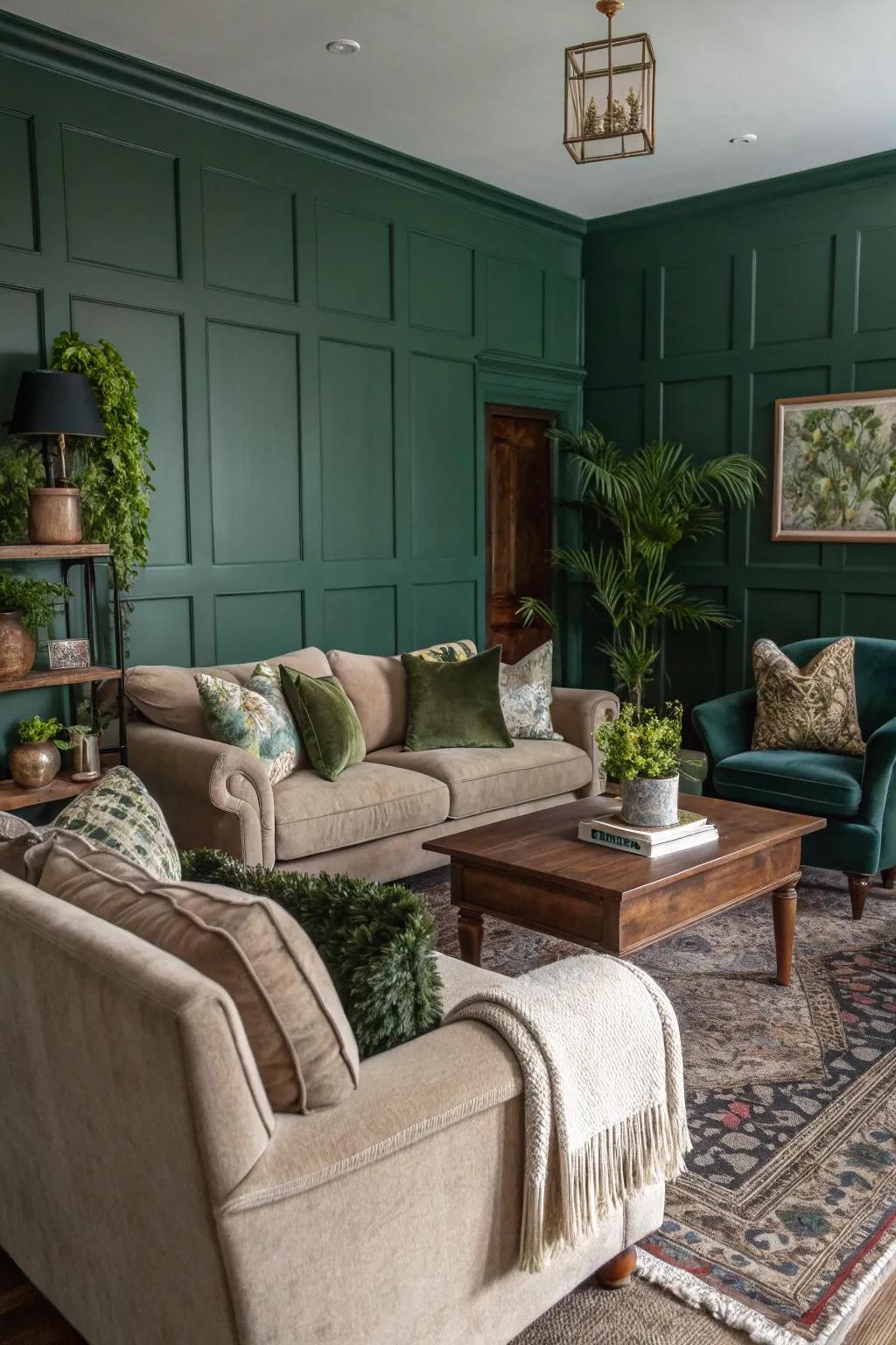 Relaxing seating arrangements render an emerald living space inviting.