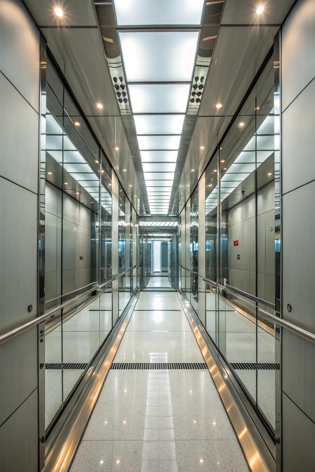 An elevator interior incorporating reflections for an expansive and radiant atmosphere.