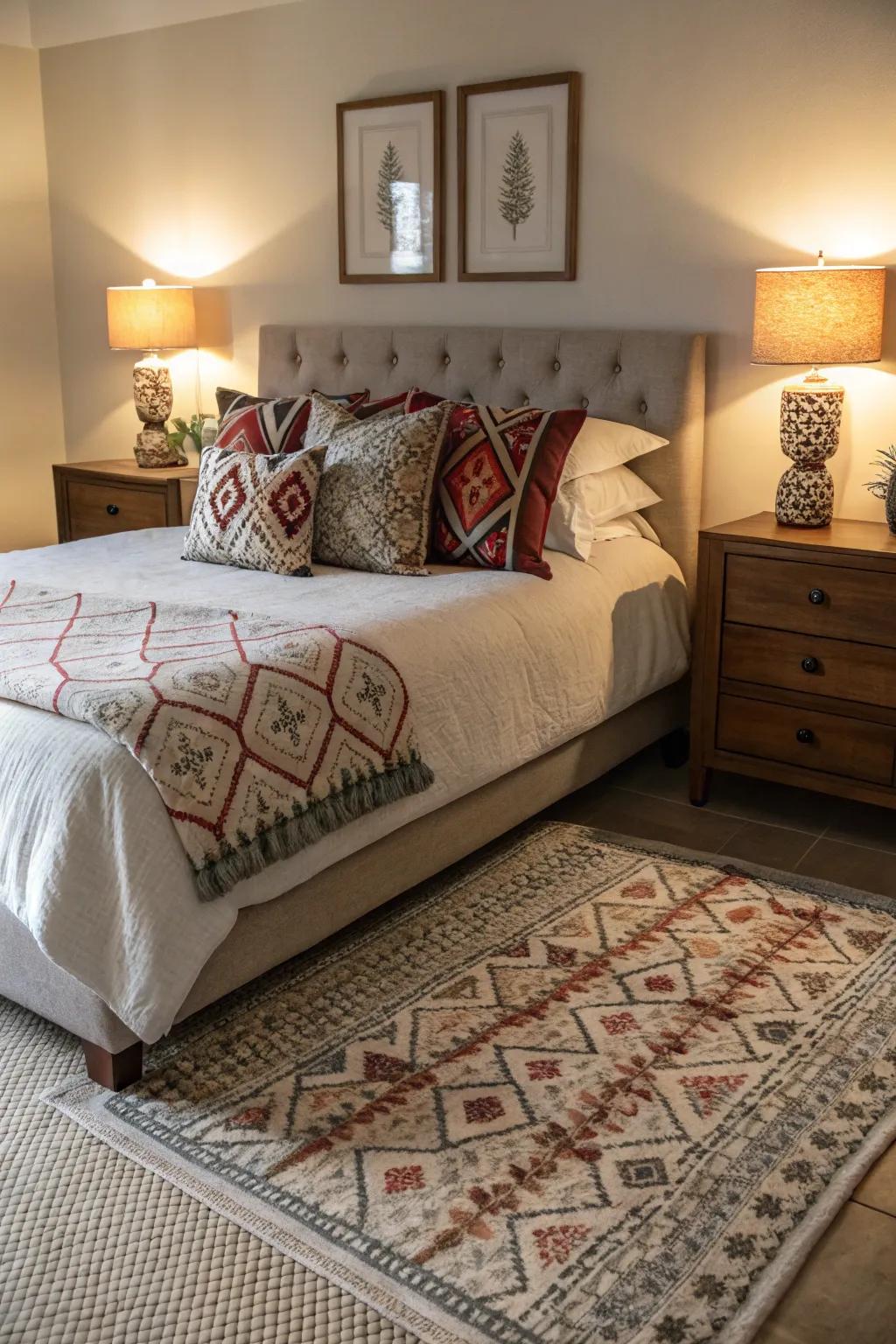 Patterns and surface interest give life to this modern farmhouse guest bedroom.