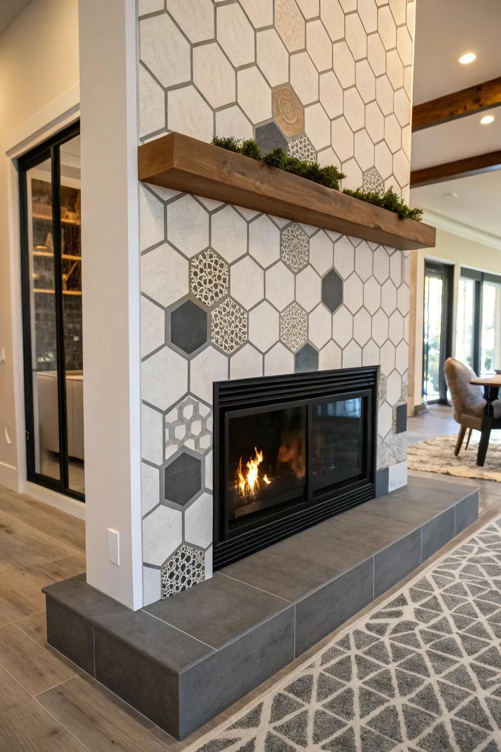 Fireplace featuring a geometric hexagonal tile pattern.