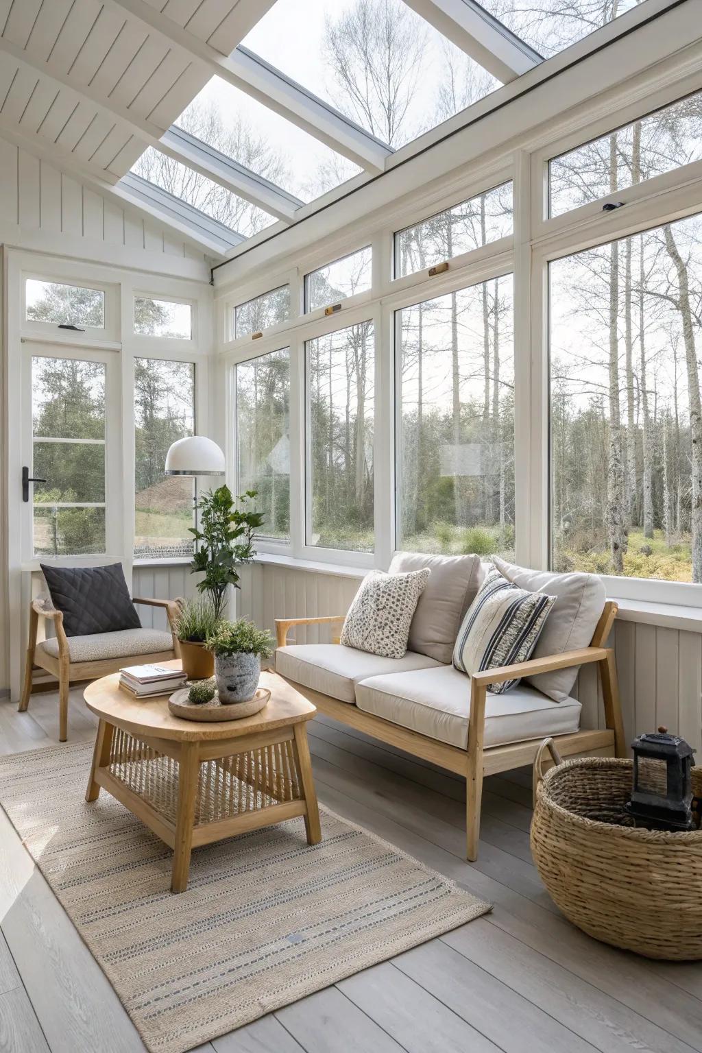 Scandinavian understatement instills a serene ambiance within this sunroom.