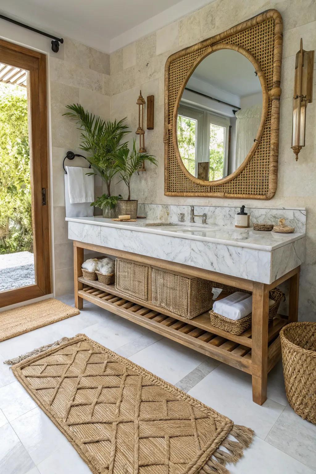 A bathroom showcasing a mix of grains with marble and rattan aspects.