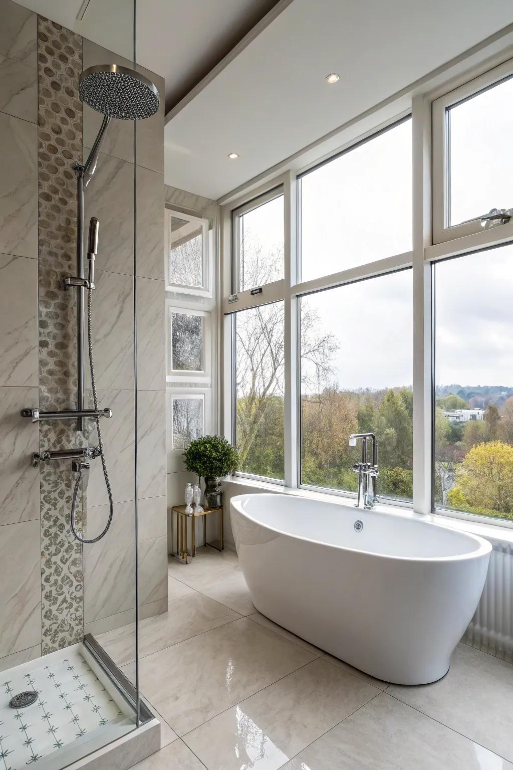 Fashionable fixtures elevate the appearance of a modern primary bathroom.
