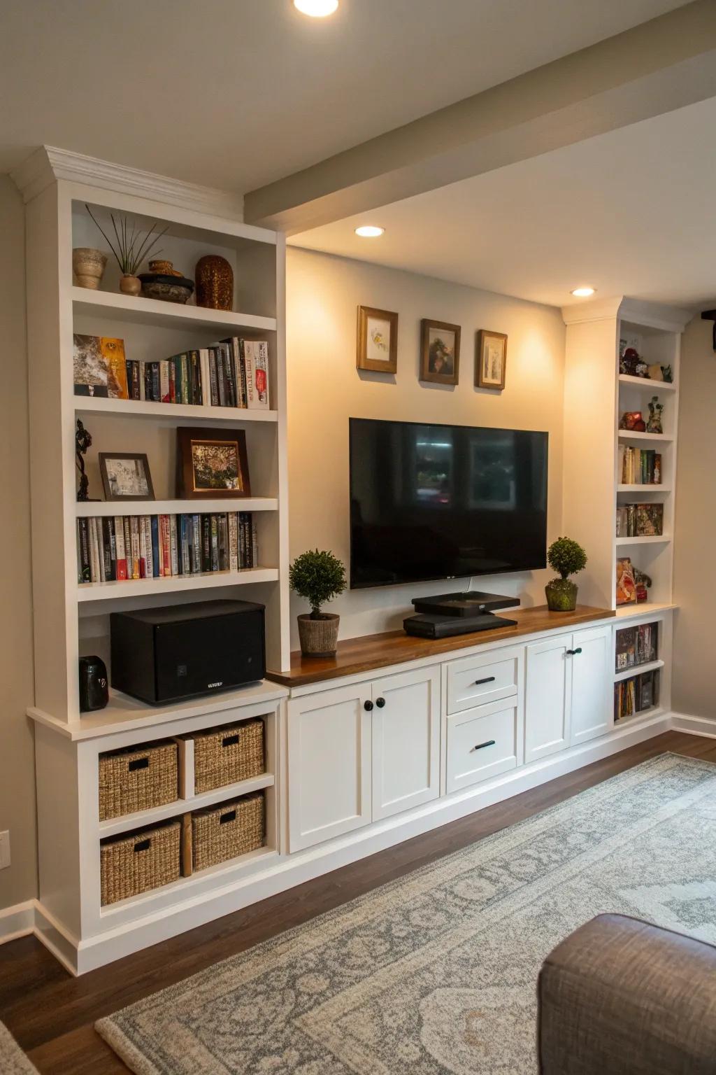 A corner media wall leverages space proficiently, ideal for diminutive quarters.