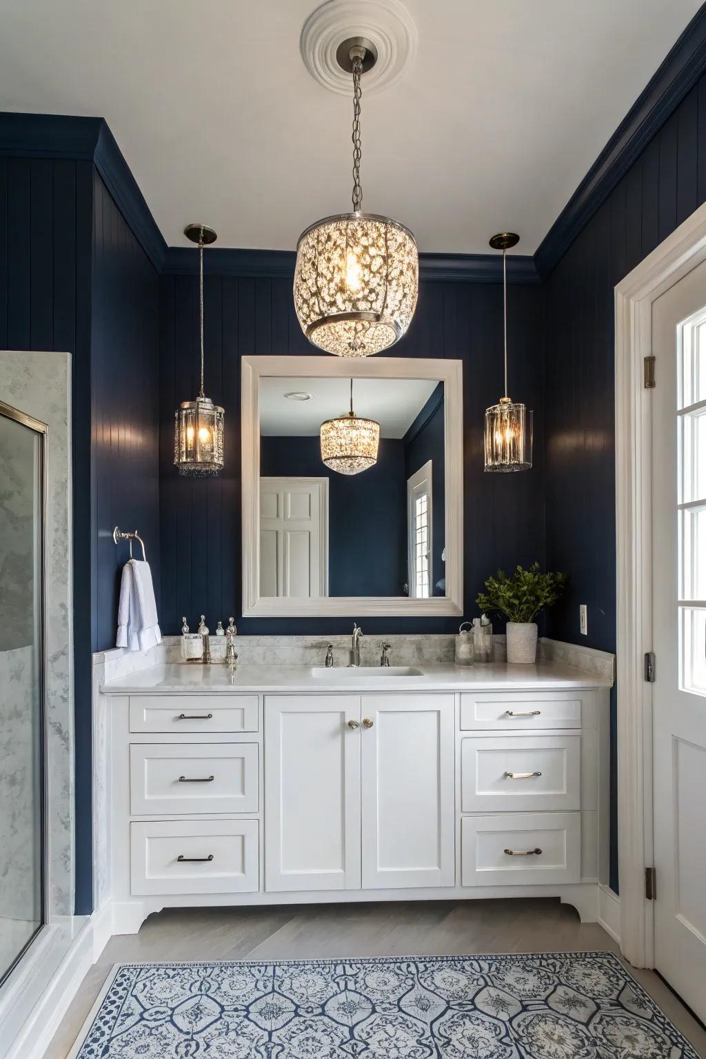 Stylish lighting enhances the modern vibe of deep ocean bathrooms.