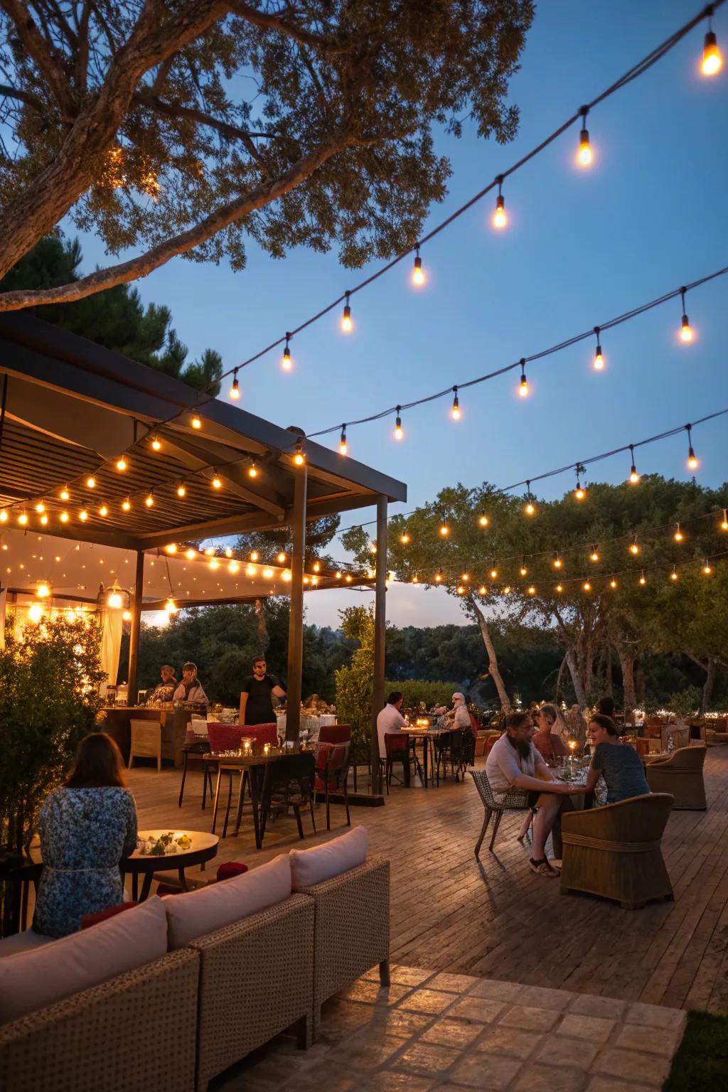 Decorative lights add a magical element to this outdoor bar setting.