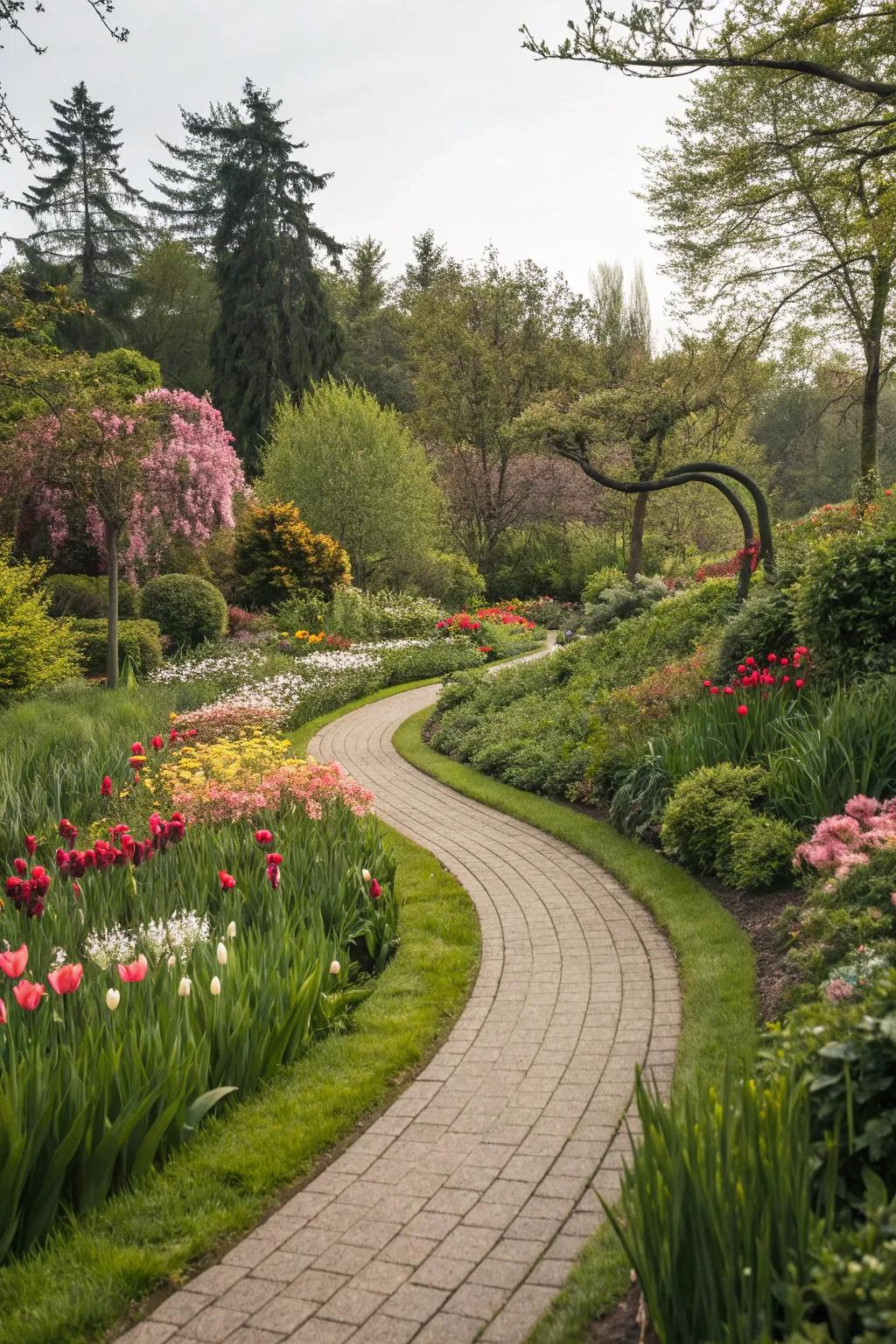 A curved garden path that adds fascination and flow to the design.